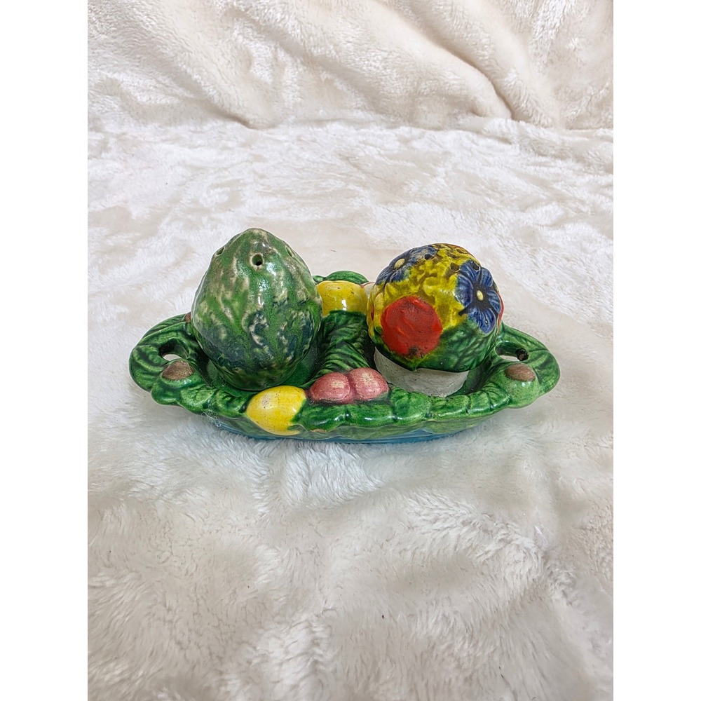 Vintage Ceramic Fruit Vegetable Salt Pepper Shaker Set Tray Made in Japan